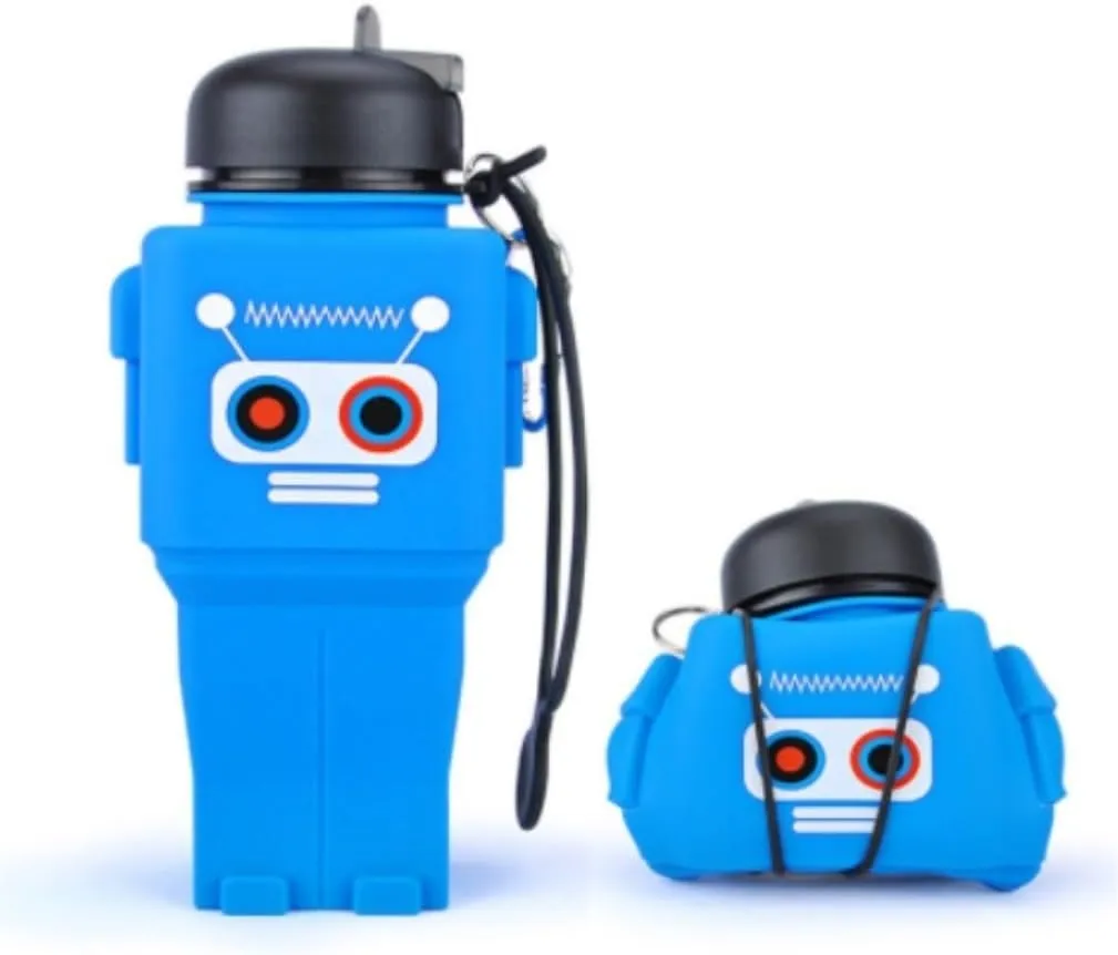 Water Bottle Cartoon Kettle Portable Anti-Fall and Leak-Proof Silicone Folding Water Cup Outdoor Sports Cup(Blue Robot for Kids)
