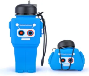 Water Bottle Cartoon Kettle Portable Anti-Fall and Leak-Proof Silicone Folding Water Cup Outdoor Sports Cup(Blue Robot for Kids)