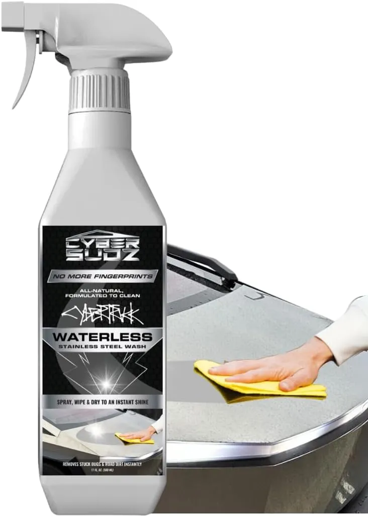 Waterless Stainless Steel Wash Formulated for Tesla CyberTruck Cleaning, Easily Removes Fingerprints, Bird Droppings, Dirt, Best for Spot Cleaning. Made in USA, 17 Fl. Oz.