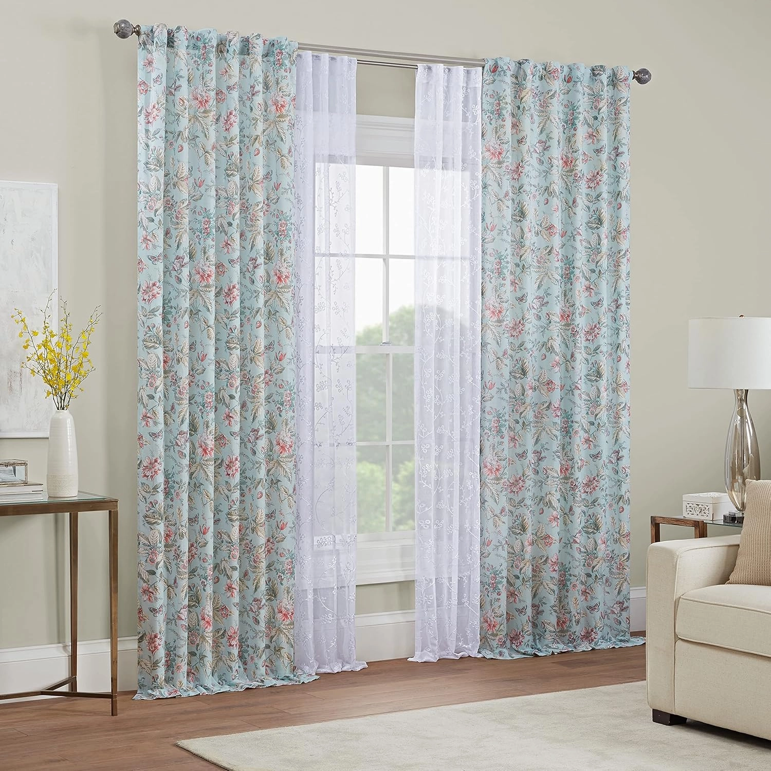 Waverly Porch Pavillion Floral Rod Pocket or Back Tab Sheer Window Curtain for Living Room (1 Panel), 50 in x 84 in, Antique