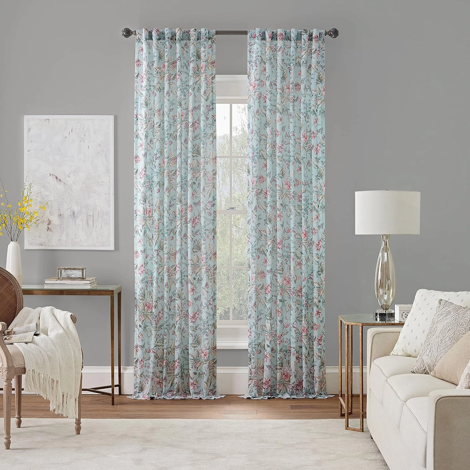 Waverly Porch Pavillion Floral Rod Pocket or Back Tab Sheer Window Curtain for Living Room (1 Panel), 50 in x 84 in, Antique