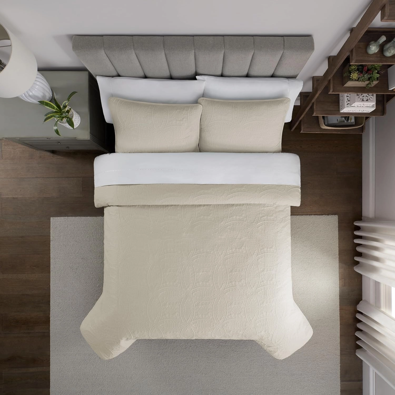 Waverly Traditions Vintage Medallion Pinsonic 3 Piece Quilted Solid Bedding Set, Full/Queen Bed Set with 2 Pillow Shams and Quilt, Lightweight and Machine Washable, Beige