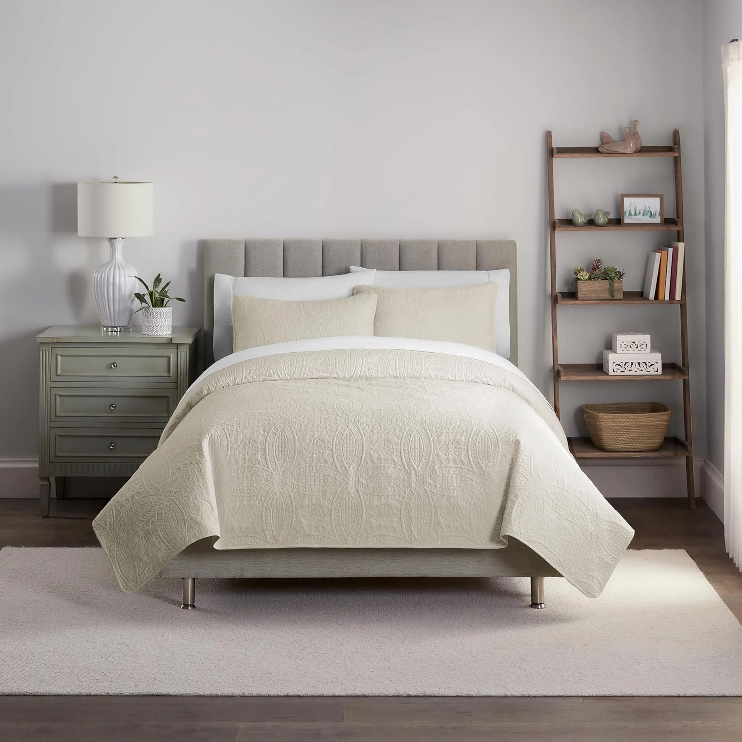 Waverly Traditions Vintage Medallion Pinsonic 3 Piece Quilted Solid Bedding Set, Full/Queen Bed Set with 2 Pillow Shams and Quilt, Lightweight and Machine Washable, Beige