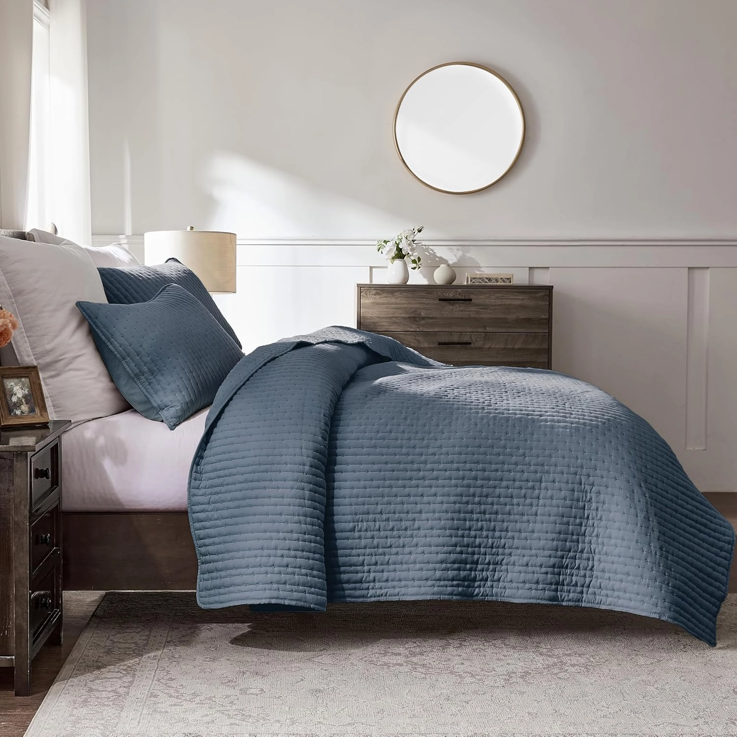WDCOZY Blue Cross Stitch King Size Quilt Set, Striped Lightweight Soft Bedspread, Channel Farmhouse Rustic Coverlet, All Season Country Bedding, Thin Comforter