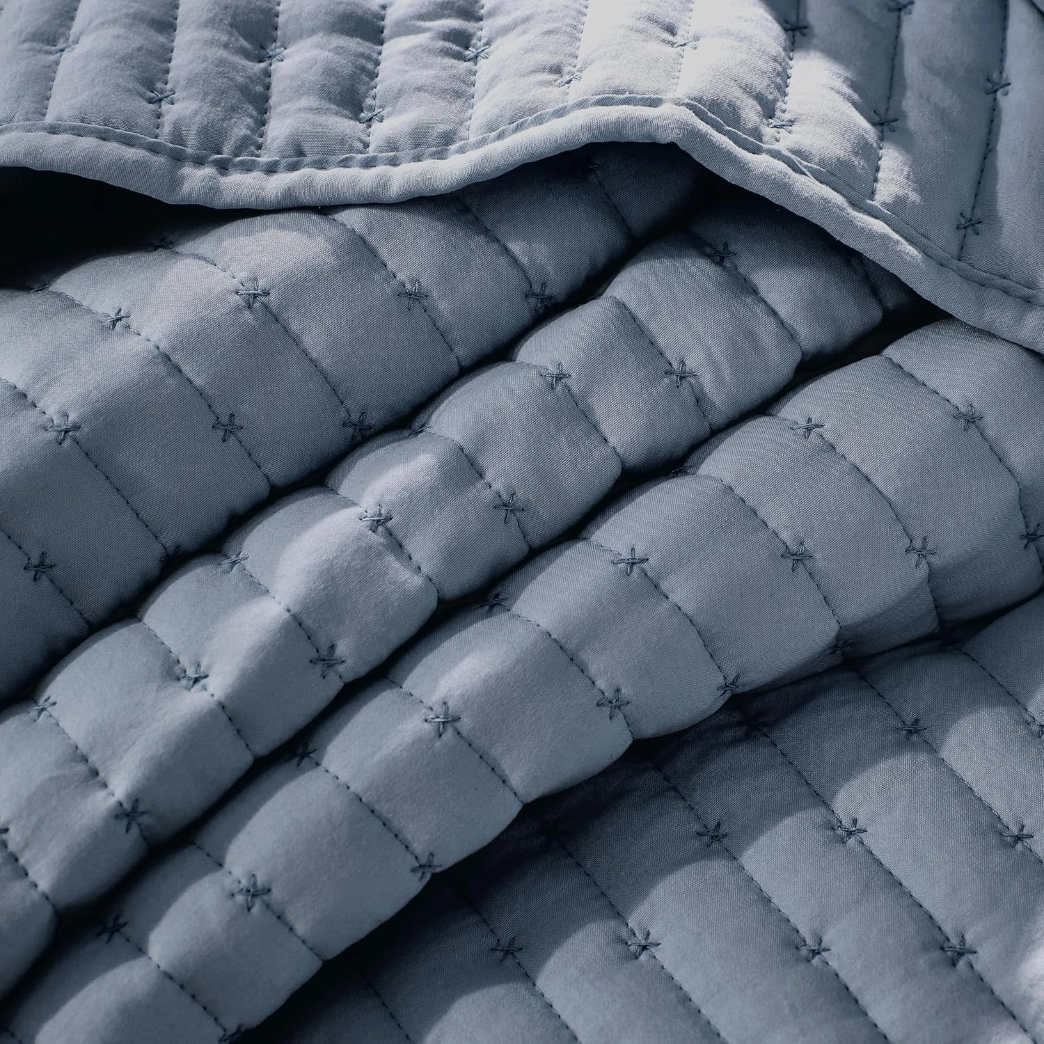 WDCOZY Blue Cross Stitch King Size Quilt Set, Striped Lightweight Soft Bedspread, Channel Farmhouse Rustic Coverlet, All Season Country Bedding, Thin Comforter
