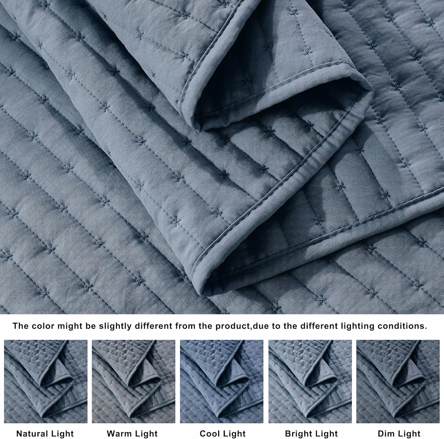 WDCOZY Blue Cross Stitch King Size Quilt Set, Striped Lightweight Soft Bedspread, Channel Farmhouse Rustic Coverlet, All Season Country Bedding, Thin Comforter