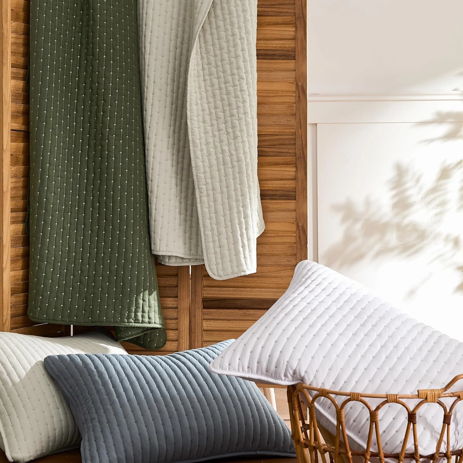 WDCOZY Blue Cross Stitch King Size Quilt Set, Striped Lightweight Soft Bedspread, Channel Farmhouse Rustic Coverlet, All Season Country Bedding, Thin Comforter