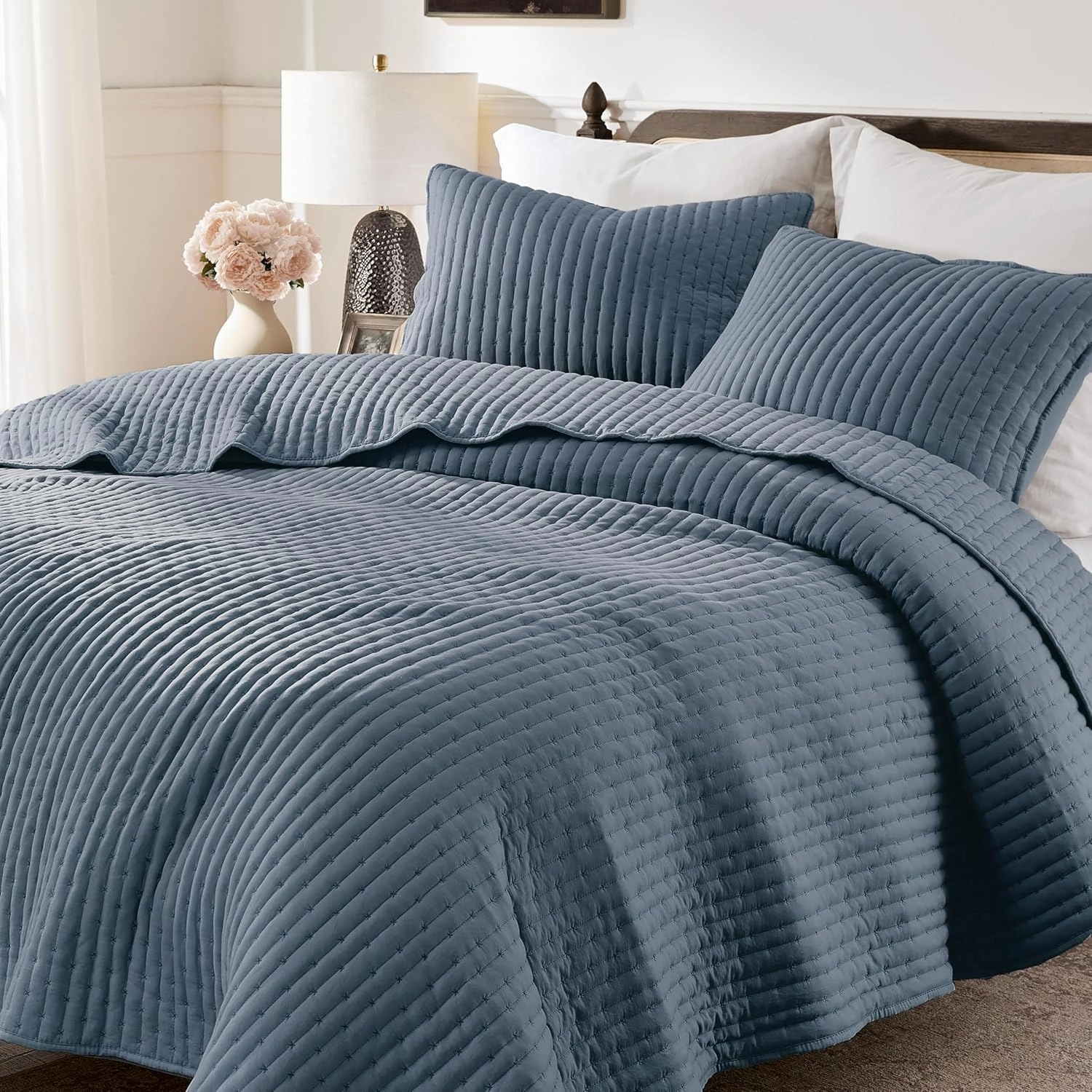WDCOZY Blue Cross Stitch King Size Quilt Set, Striped Lightweight Soft Bedspread, Channel Farmhouse Rustic Coverlet, All Season Country Bedding, Thin Comforter