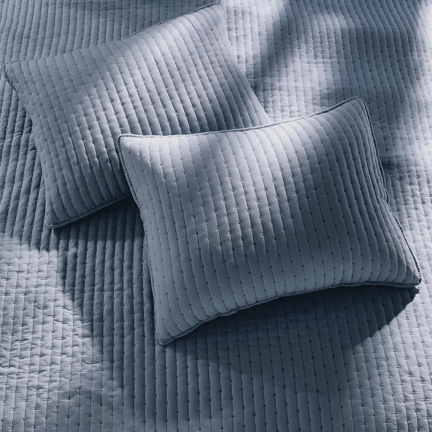 WDCOZY Blue Cross Stitch King Size Quilt Set, Striped Lightweight Soft Bedspread, Channel Farmhouse Rustic Coverlet, All Season Country Bedding, Thin Comforter
