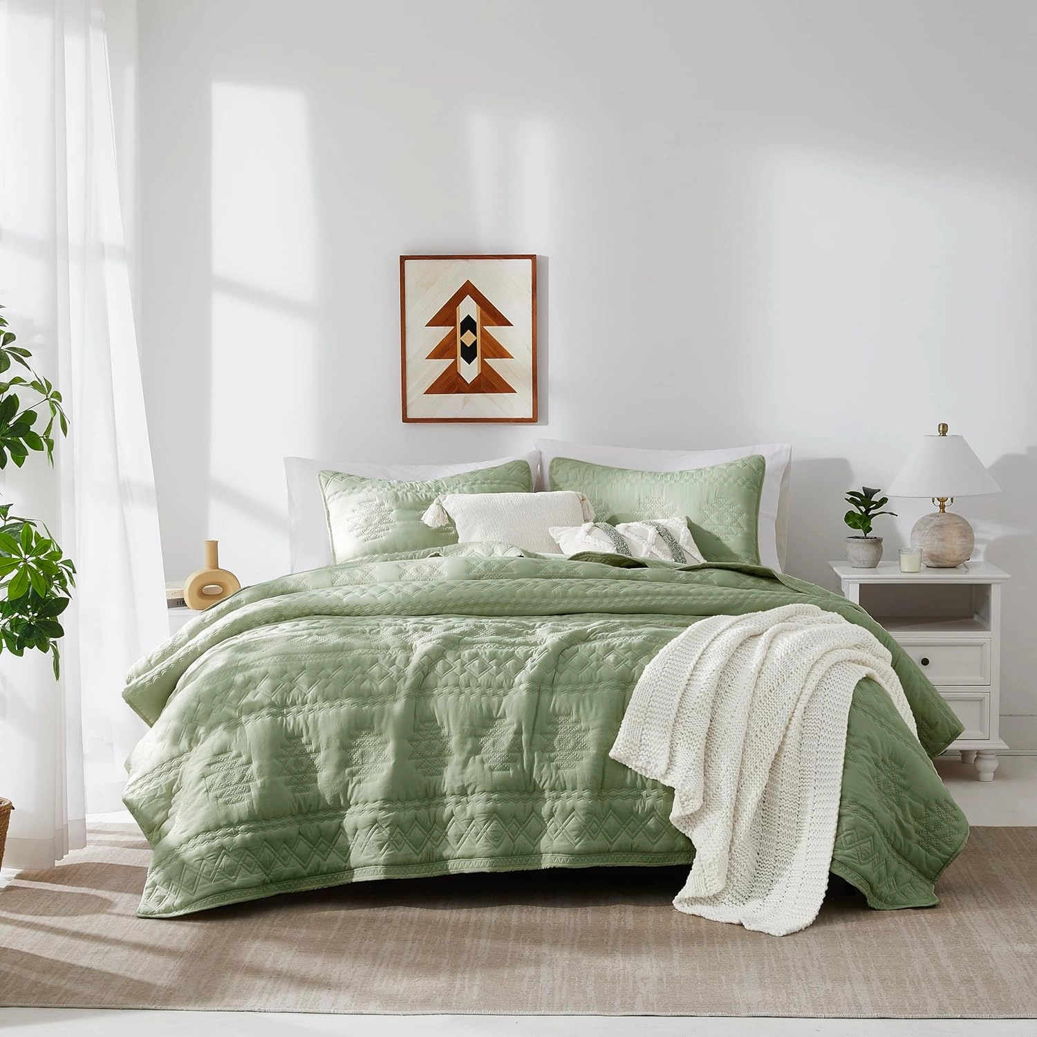 WDCOZY Boho Sage Green Quilt King Size Bedding Sets with 2 Pillow Shams, Farmhouse Lightweight Soft Bedspread Coverlet for All Season, 3 Pieces, 104x90 inches