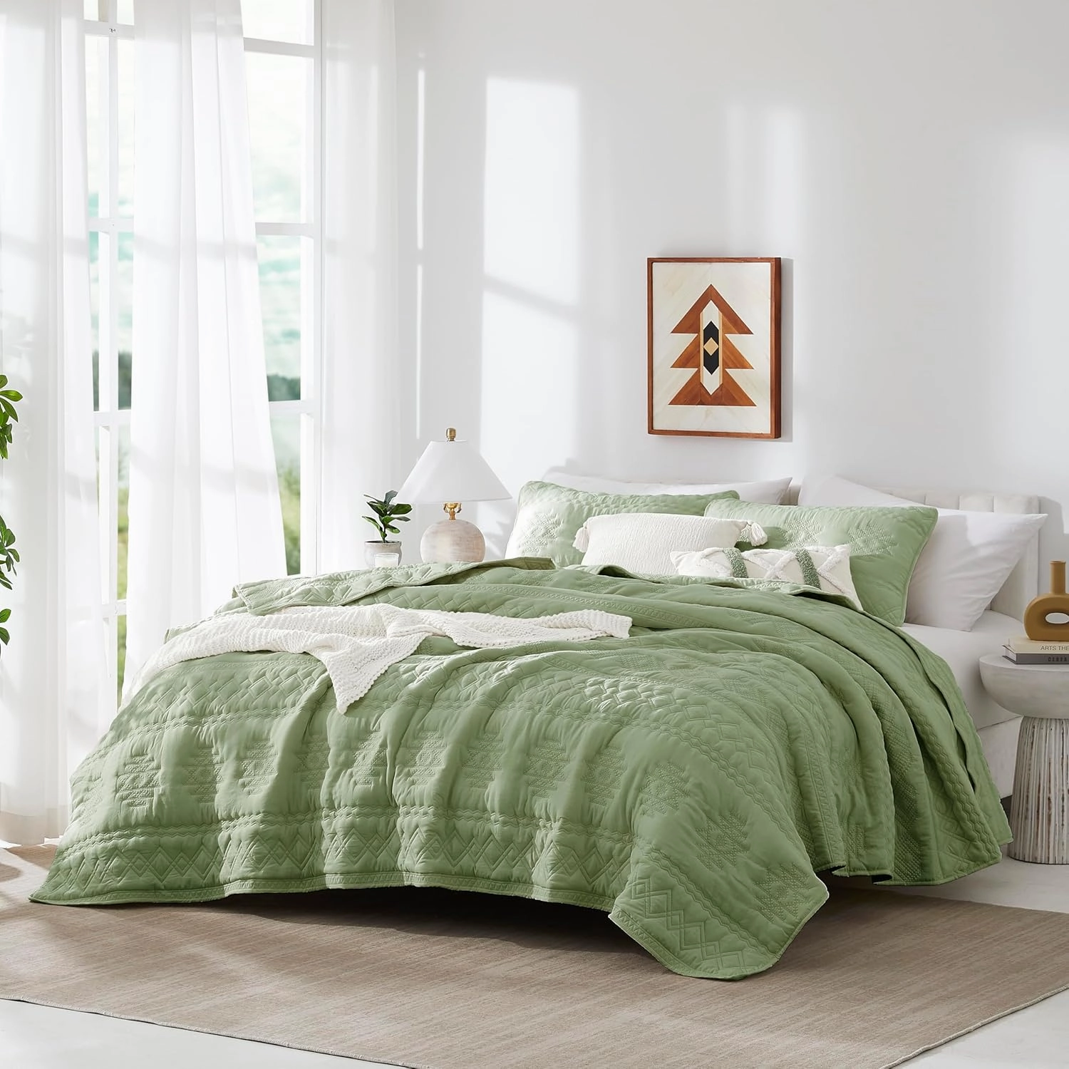 WDCOZY Boho Sage Green Quilt King Size Bedding Sets with 2 Pillow Shams, Farmhouse Lightweight Soft Bedspread Coverlet for All Season, 3 Pieces, 104x90 inches
