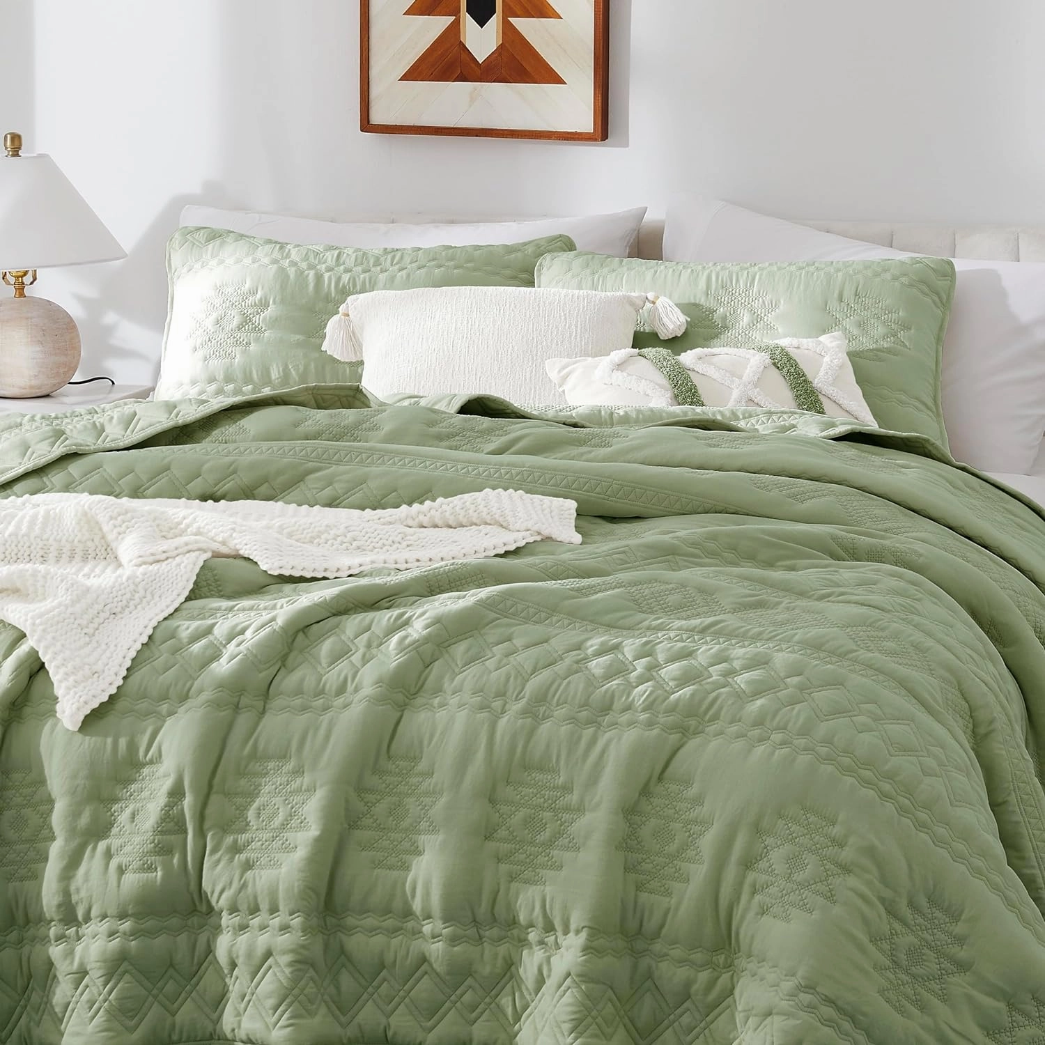 WDCOZY Boho Sage Green Quilt King Size Bedding Sets with 2 Pillow Shams, Farmhouse Lightweight Soft Bedspread Coverlet for All Season, 3 Pieces, 104x90 inches