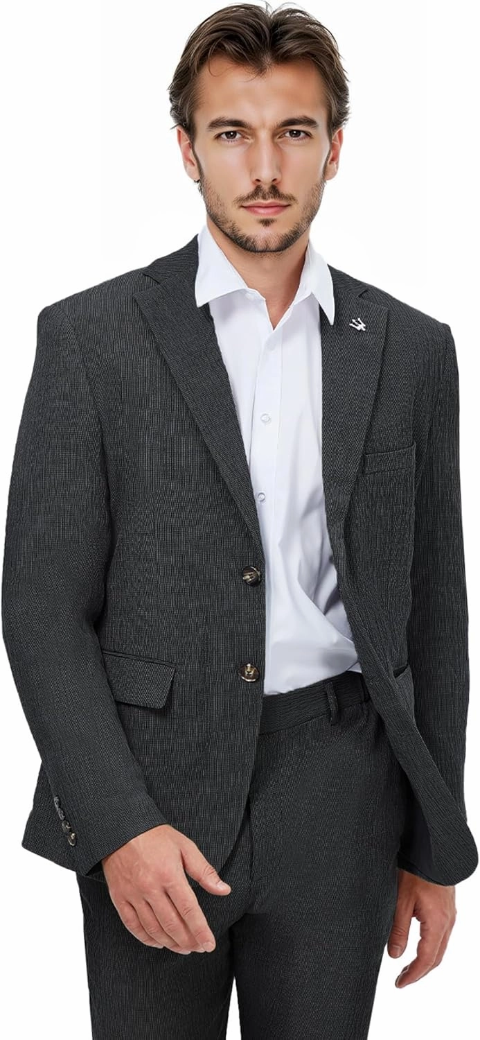 WEEN CHARM Men's Summer Seersucker Suit-2-Piece Blazer and Pants Set-Lightweight,Breathable,Casual,Cool and Comfortable