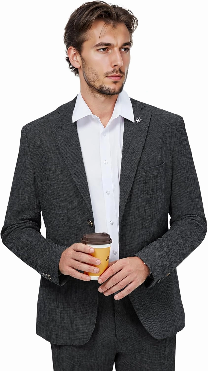 WEEN CHARM Men's Summer Seersucker Suit-2-Piece Blazer and Pants Set-Lightweight,Breathable,Casual,Cool and Comfortable