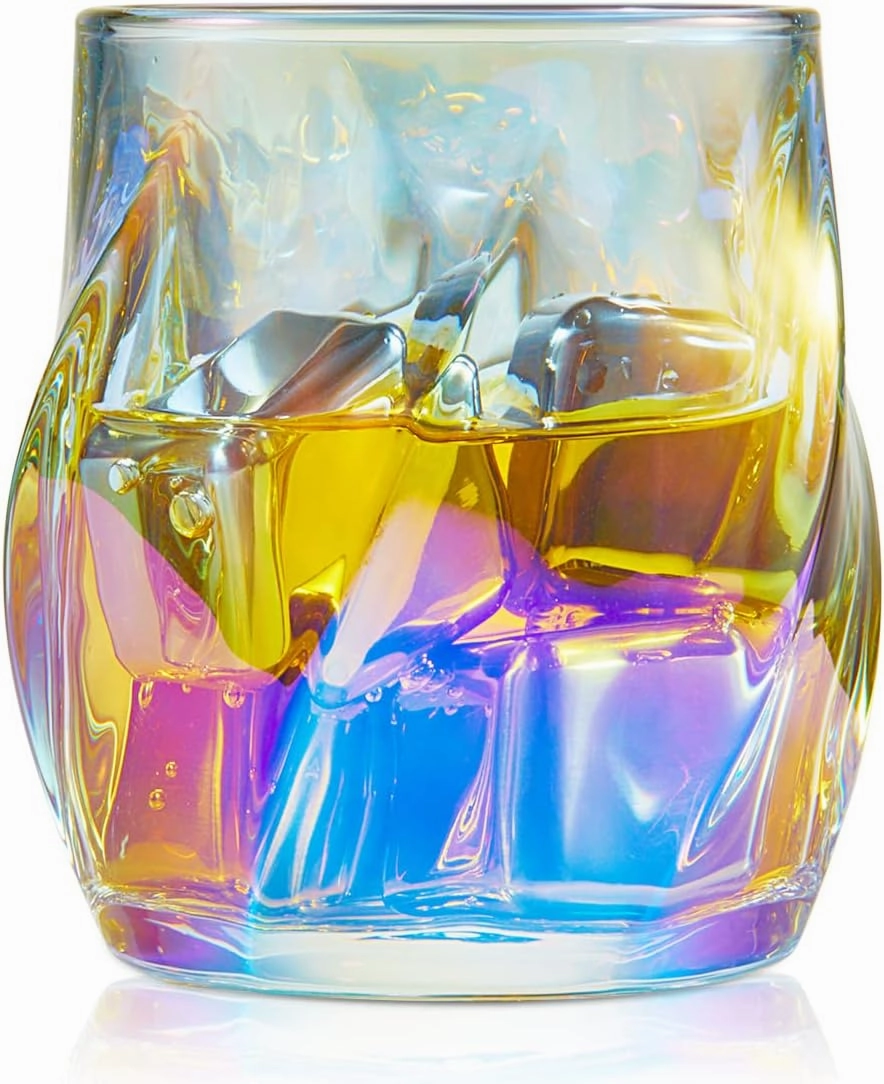 Whiskey Glasses Set of 2, Colorful Rock Glass, 8.5 OZ Drinking Glasses, Creative Twisted Crystal Old Fashioned Tumbler for Bourbon, Scotch, Cocktail, Tequila, Wine, Rum