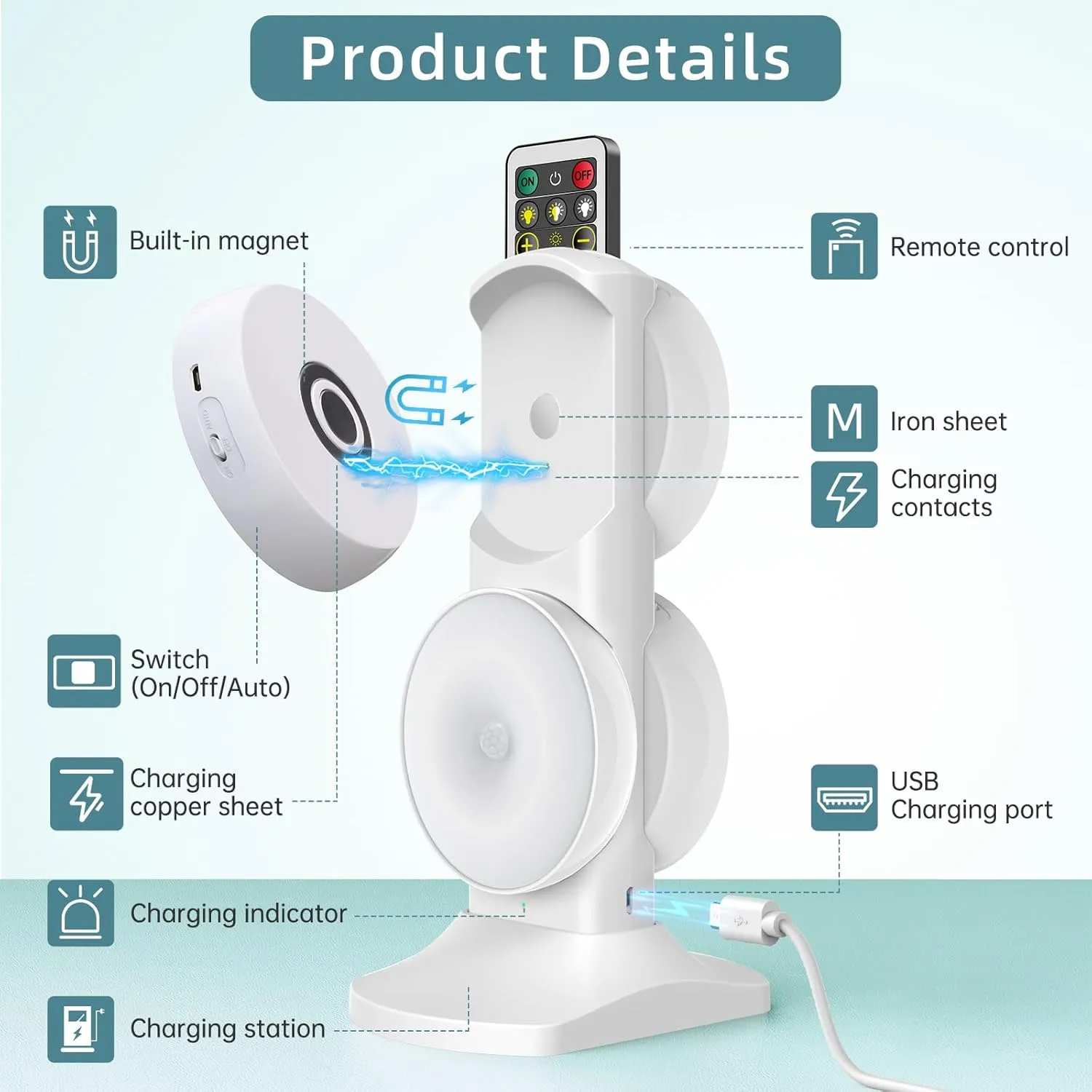 Wireless Motion Sensor Puck Lights with Charging Station, 3 Colors USB Rechargeable LED Closet Lights with Remote, Dimmable Under Cabinet Lighting with Remote Control, Magnet Stick-on Lights (4 Pack)