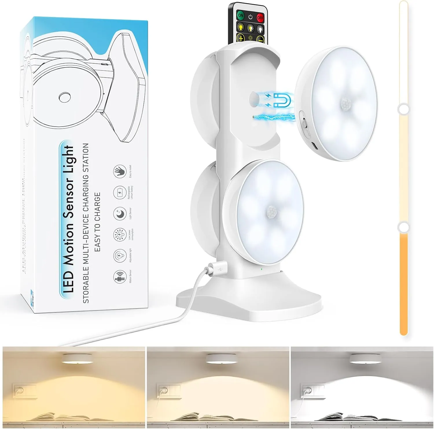 Wireless Motion Sensor Puck Lights with Charging Station, 3 Colors USB Rechargeable LED Closet Lights with Remote, Dimmable Under Cabinet Lighting with Remote Control, Magnet Stick-on Lights (4 Pack)