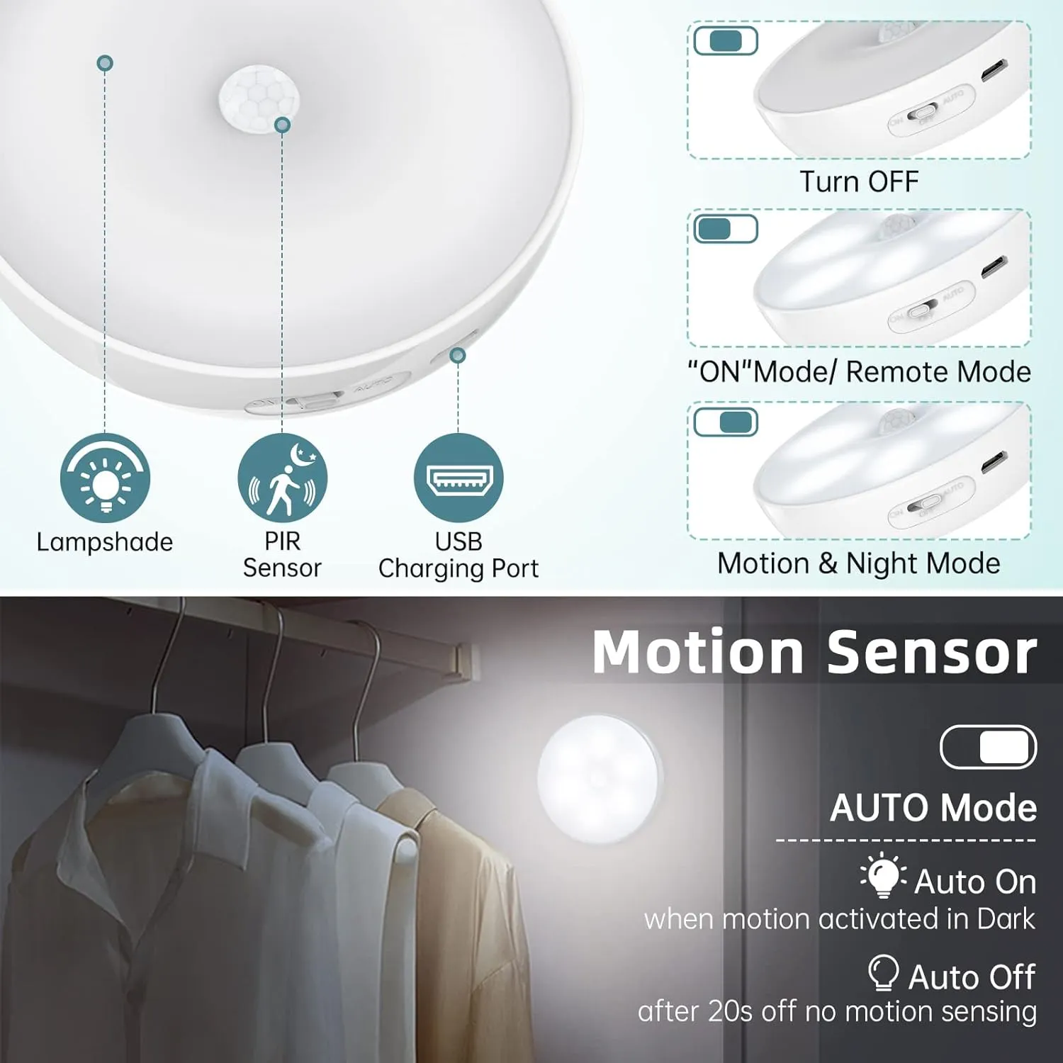 Wireless Motion Sensor Puck Lights with Charging Station, 3 Colors USB Rechargeable LED Closet Lights with Remote, Dimmable Under Cabinet Lighting with Remote Control, Magnet Stick-on Lights (4 Pack)