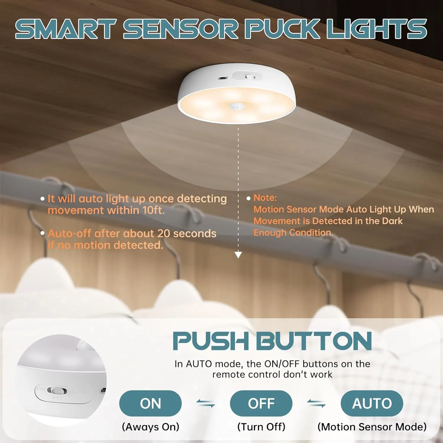 Wireless Motion Sensor Puck Lights with Charging Station, 3 Colors USB Rechargeable LED Closet Lights with Remote, Dimmable Under Cabinet Lighting with Remote Control, Magnet Stick-on Lights (4 Pack)