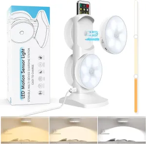 Wireless Motion Sensor Puck Lights with Charging Station, 3 Colors USB Rechargeable LED Closet Lights with Remote, Dimmable Under Cabinet Lighting with Remote Control, Magnet Stick-on Lights (4 Pack)
