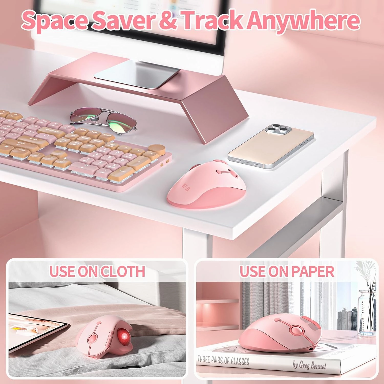 Wireless Trackball Mouse, Bluetooth Ergonomic Rollerball - Rechargeable Multi-Device USB/Bluetooth Connection, Thumb Control Compatible for Mac/Android/Windows Computers, Pink