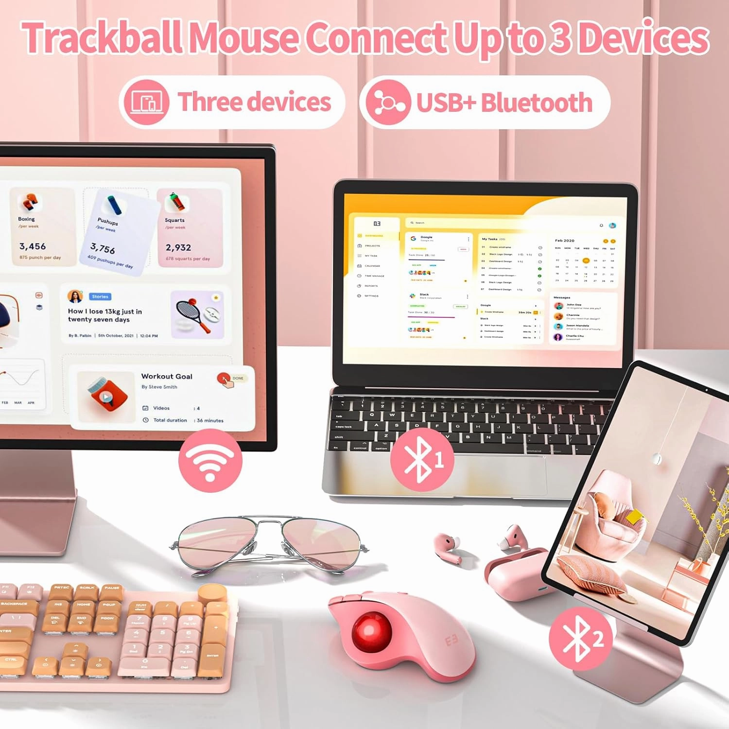 Wireless Trackball Mouse, Bluetooth Ergonomic Rollerball - Rechargeable Multi-Device USB/Bluetooth Connection, Thumb Control Compatible for Mac/Android/Windows Computers, Pink