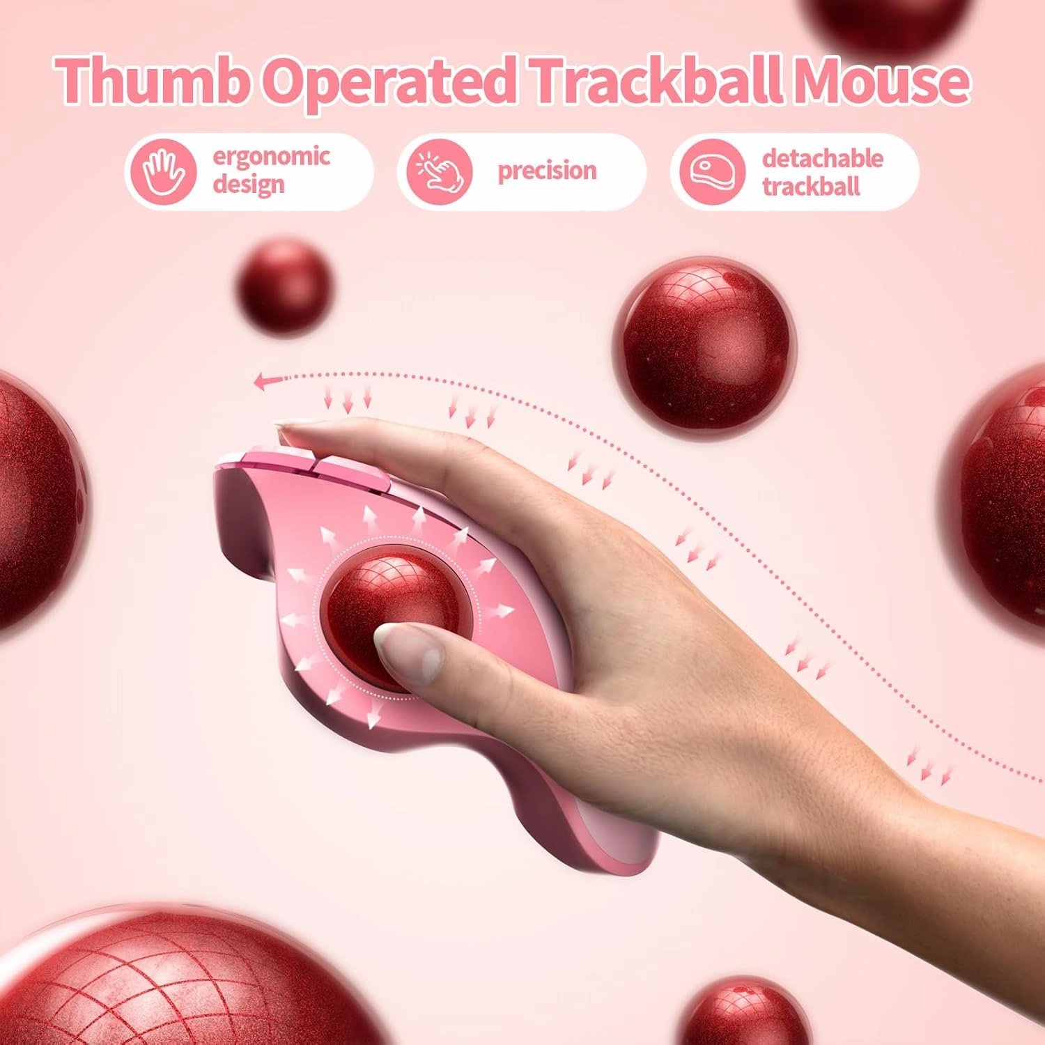 Wireless Trackball Mouse, Bluetooth Ergonomic Rollerball - Rechargeable Multi-Device USB/Bluetooth Connection, Thumb Control Compatible for Mac/Android/Windows Computers, Pink
