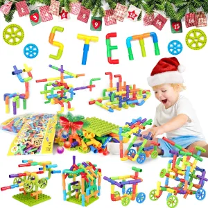 WishaLife 175 Pieces STEM Building Blocks Set, Kids Tube Locks Construction Set with Baseplate, Preschool Educational Pipe Toy Gift for Toddler Aged 3 