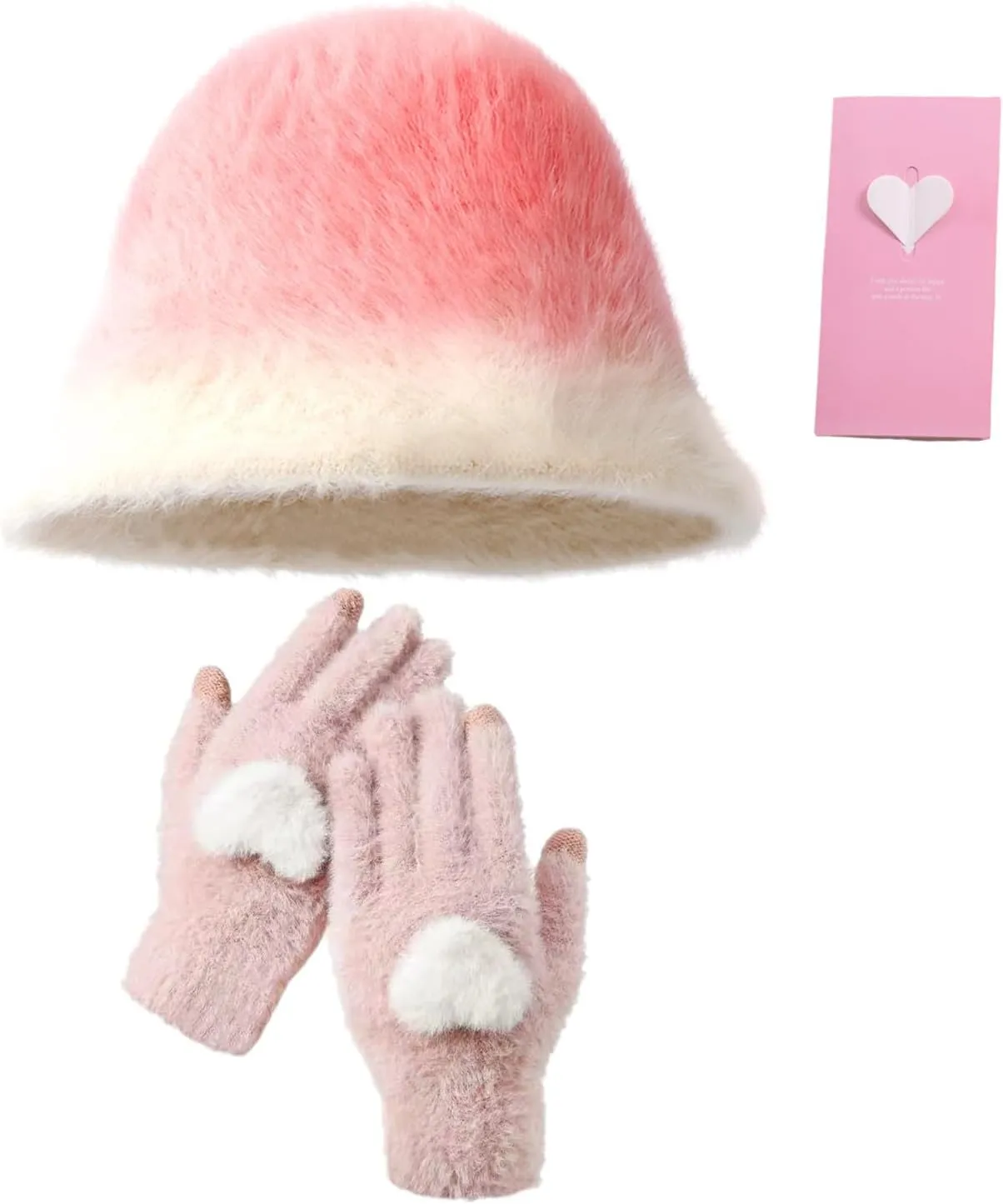 Women Plush Bucket Hat Winter Touchscreen Gloves with Greeting Card and Gift Bag