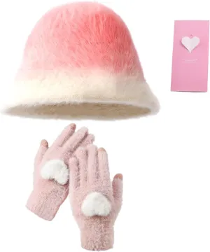 Women Plush Bucket Hat Winter Touchscreen Gloves with Greeting Card and Gift Bag