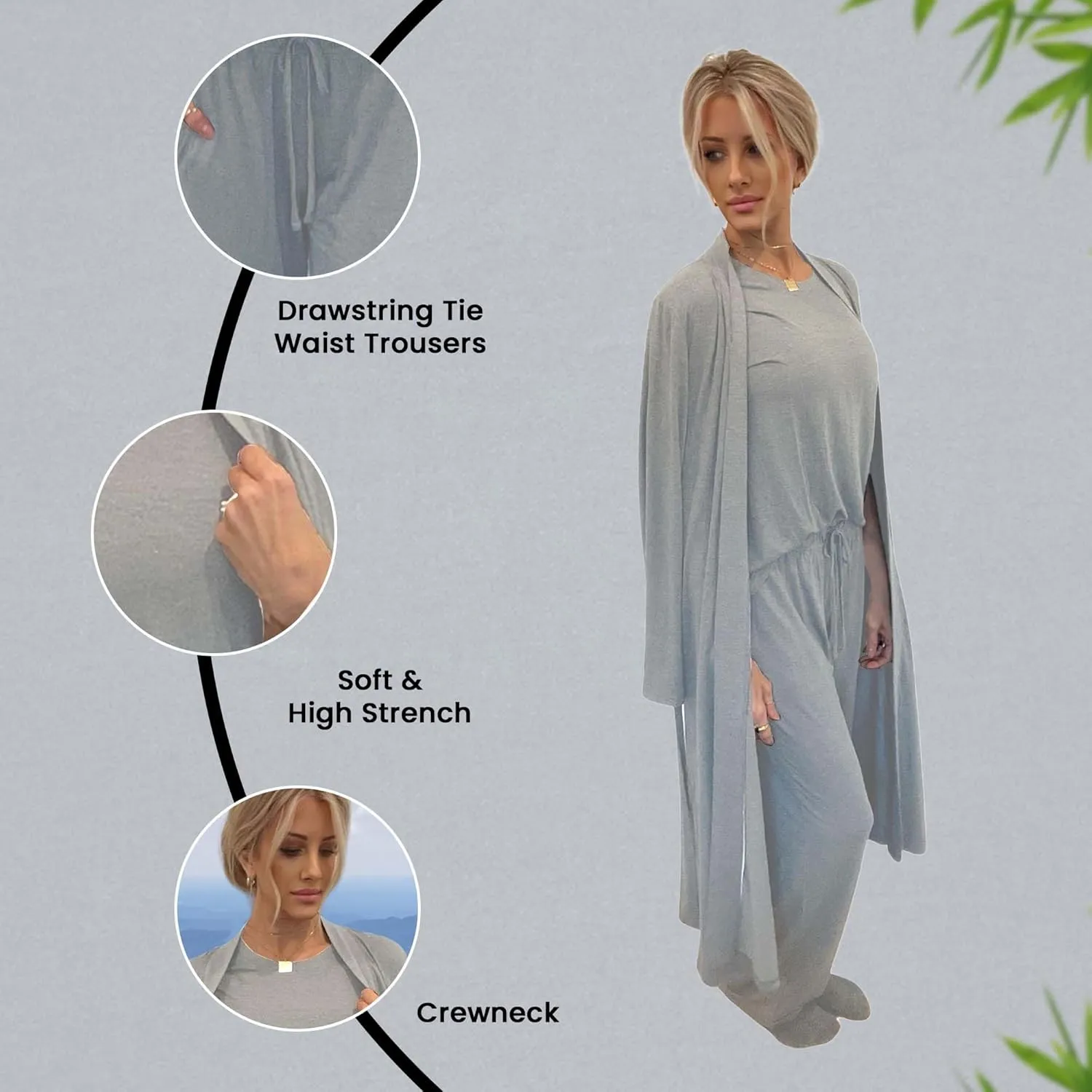 Women’s 3 Piece Pajama Set – Soft Bamboo Viscose Loungewear, Lounge Set for Women, Lightweight PJs with Robe