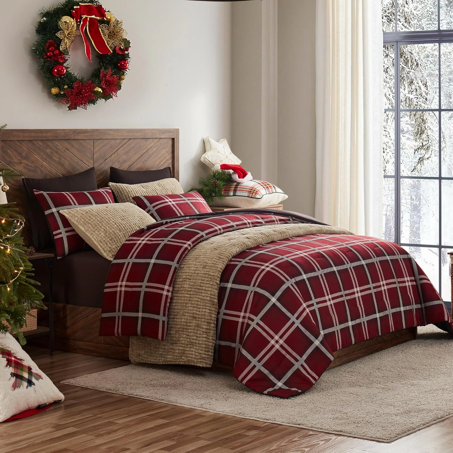 Wonderful Queen Comforter Set, Buffalo Plaid, Wooly Feel Brushed Hypoallergenic, 3 Pieces with Pillow Shams, Lightweight Cabin Lodge Bedding for All Season (Red, Queen)