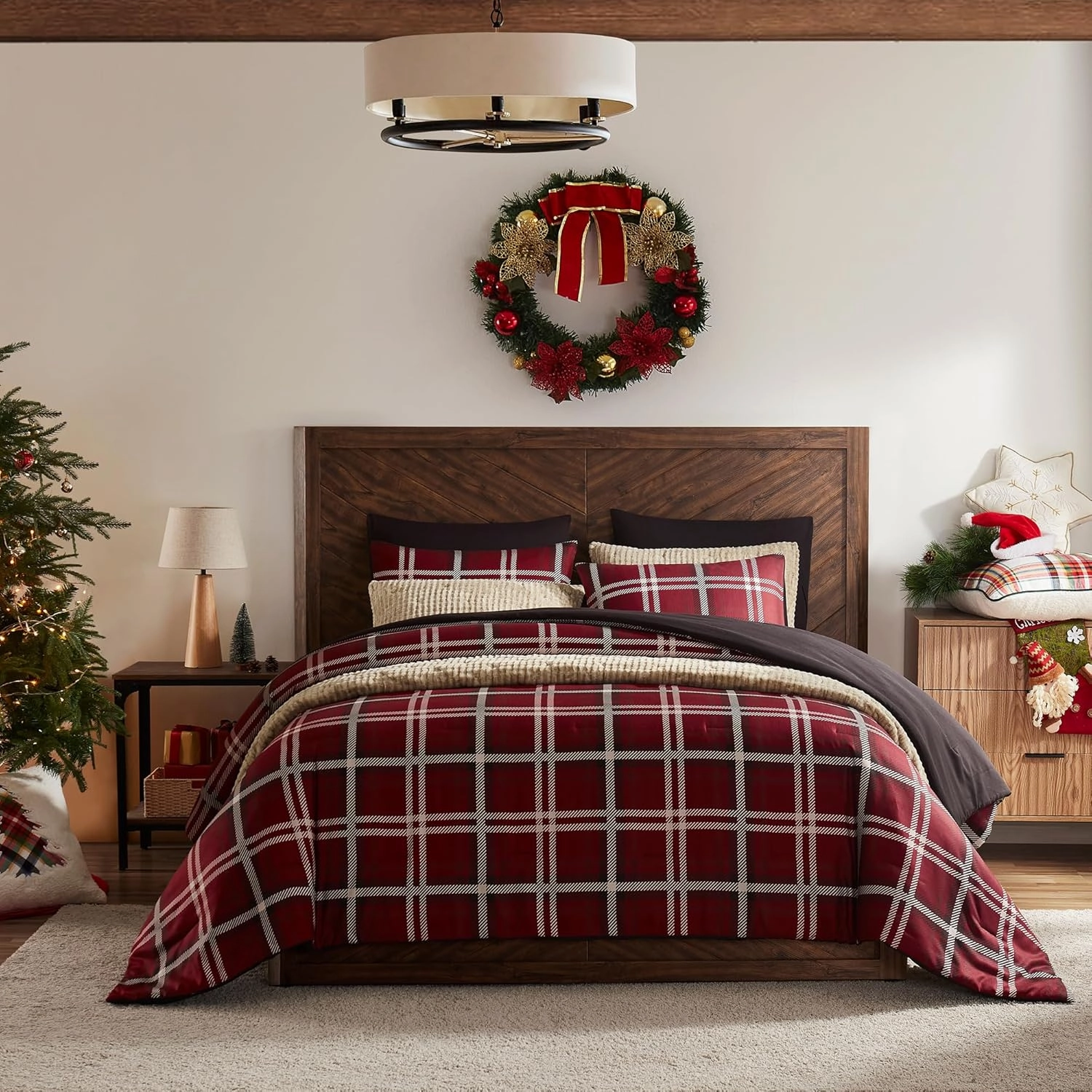 Wonderful Queen Comforter Set, Buffalo Plaid, Wooly Feel Brushed Hypoallergenic, 3 Pieces with Pillow Shams, Lightweight Cabin Lodge Bedding for All Season (Red, Queen)