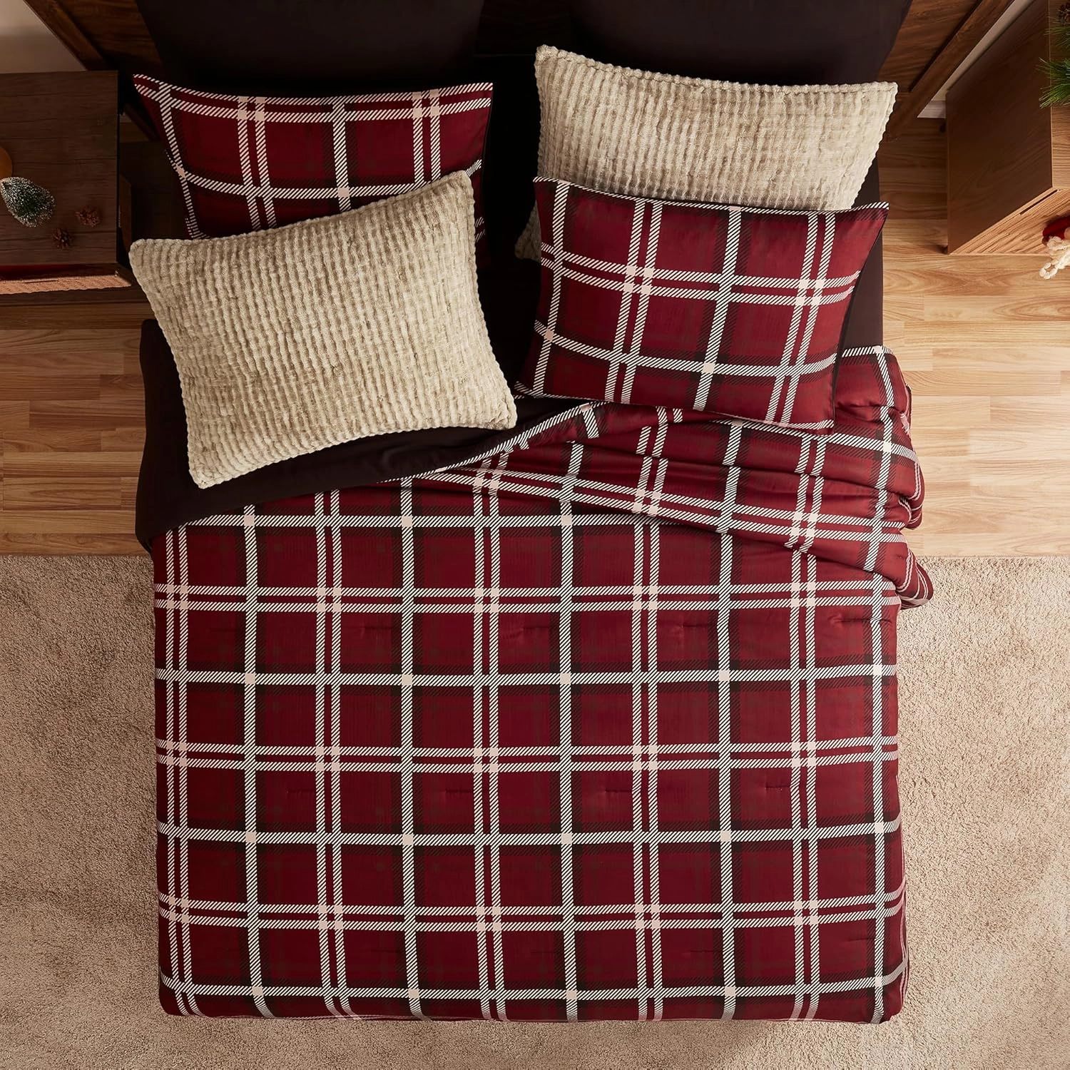 Wonderful Queen Comforter Set, Buffalo Plaid, Wooly Feel Brushed Hypoallergenic, 3 Pieces with Pillow Shams, Lightweight Cabin Lodge Bedding for All Season (Red, Queen)
