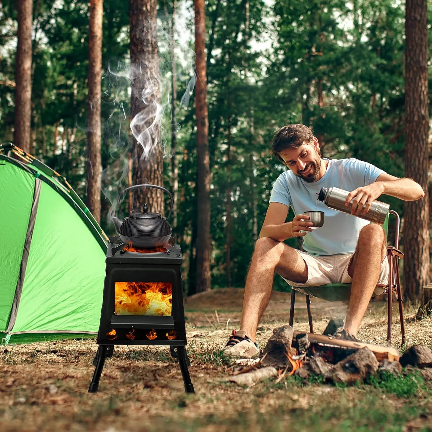Wood Camping Stove, 14.2" Alloy Steel Backpacking Stove for Hiking, Portable Folding Wood Burning Stove, Outdoor Survival Stove for Picnic, Cooking BBQ