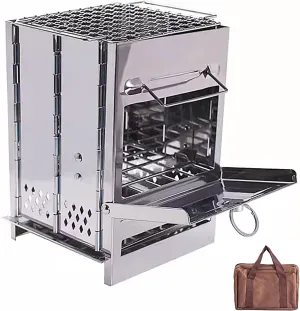 Wood Stove Camping Folding, Camping Stove Wood Fire with Grill Net and Carrying Handle, Stainless Steel One Piecess Camping Stoves for Hiking Picnic Outdoor(14.5 * 14 * 21cm)