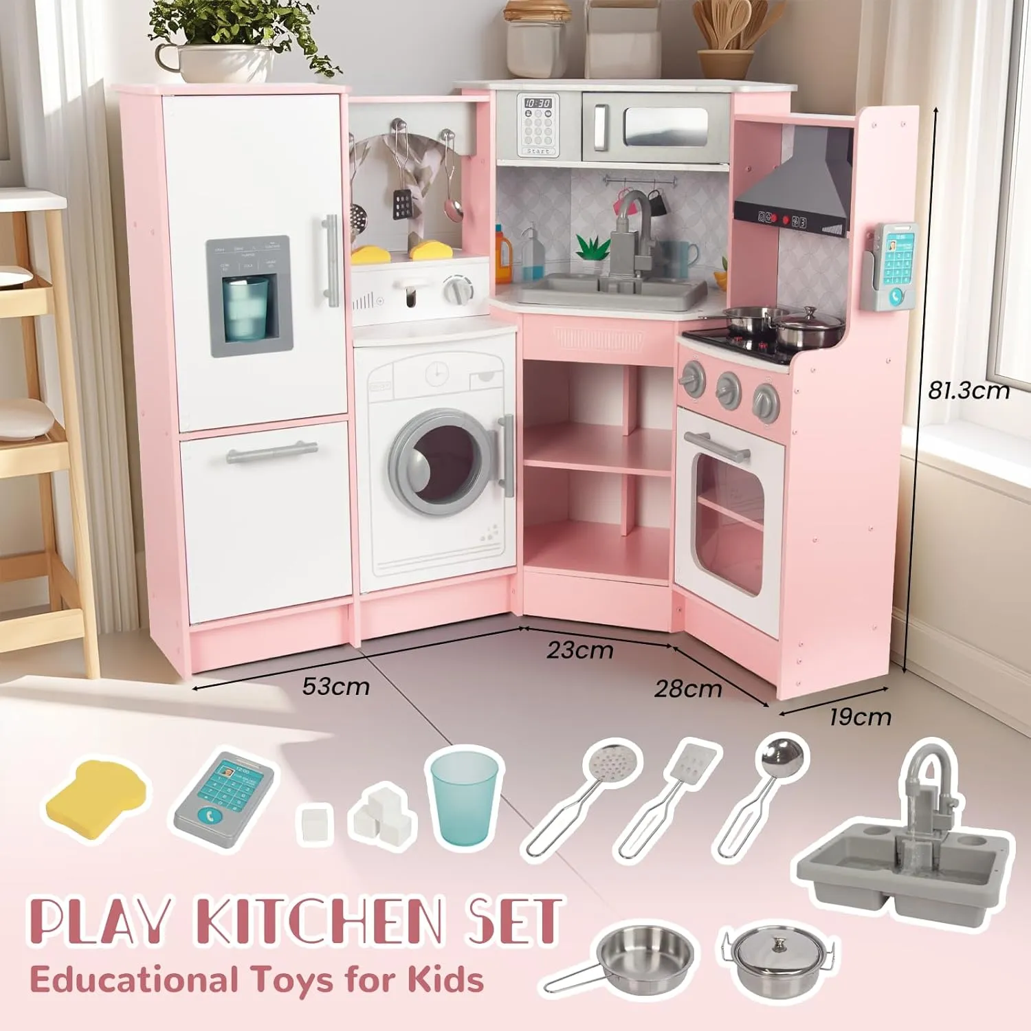 Wooden Pink Kitchen Playset for Kids with Real Lights and Sounds, Include Water Circulation Faucet, Ice Machine, Pop-up Toaster, Microwave, Oven, Cell Phone, Hoods, Gas Stoves and Cooking Accessories