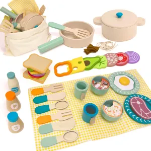 Wooden Play Cooking Set, 36pcs Kitchen Set for Toddlers, Play Food Sets for Kids Kitchen, Wood Play Kitchen Accessories with Fake Food,Pot & Pan,Utensils,Gifts for 3 4 5 Years Old Girls Boys