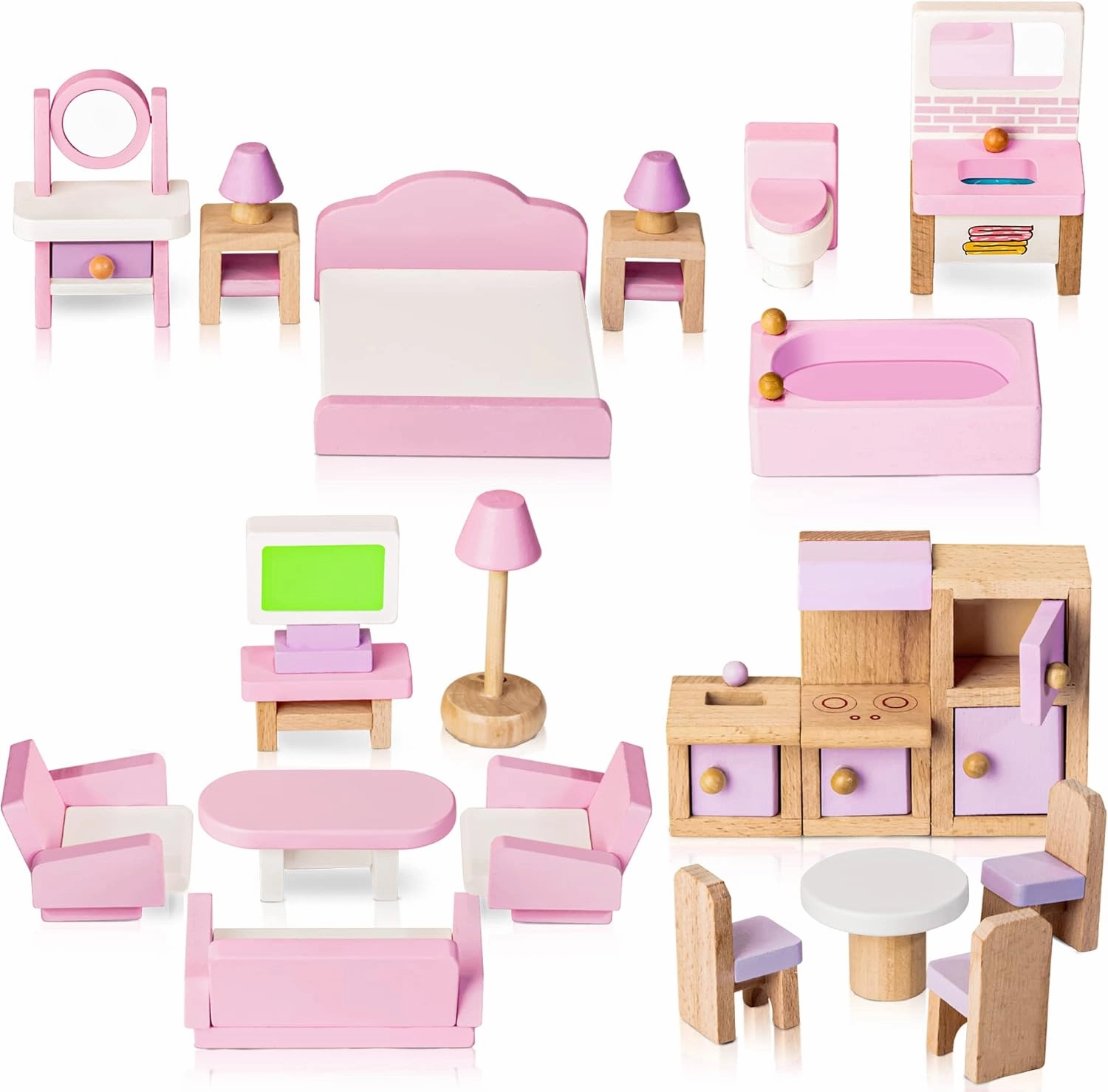 Wooden Dollhouse Furniture Set, 22 Pcs Miniature Dollhouse Accessories Including 5 Room Kits, Little People House Furniture, Doll House Furniture Toys Gift for Girls Boys Age 3 