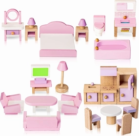 Wooden Dollhouse Furniture Set, 22 Pcs Miniature Dollhouse Accessories Including 5 Room Kits, Little People House Furniture, Doll House Furniture Toys Gift for Girls Boys Age 3 
