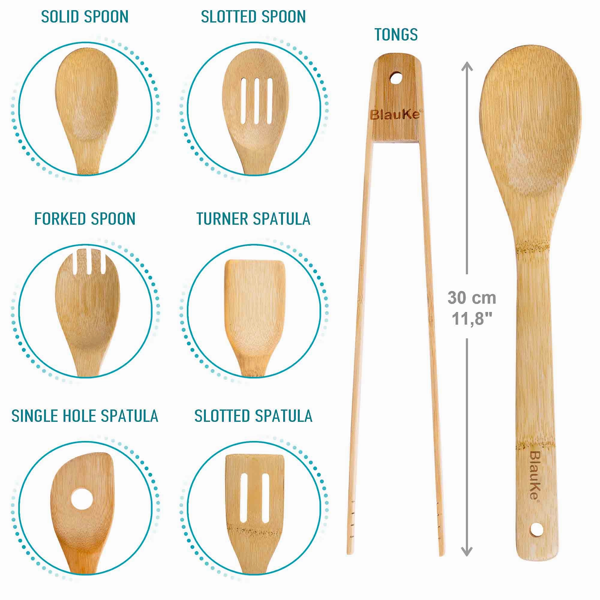 Wooden Spoons for Cooking 7-Pack - Bamboo Kitchen Utensils Set