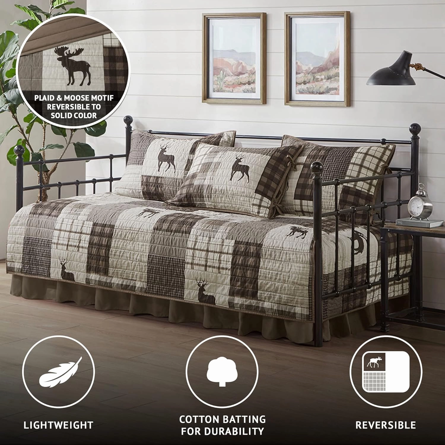 Woolrich Daybed Cover Set - Cabin Lifestyle, Patchwork with Moose Design All Season, Lightweight and Breathable Cozy Bedding Layer with Bedskirt, Matching Shams, 39" W x 75" L, Woodshed Brown 5 Piece
