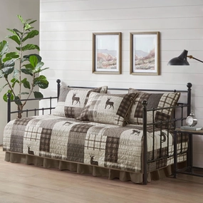 Woolrich Daybed Cover Set - Cabin Lifestyle, Patchwork with Moose Design All Season, Lightweight and Breathable Cozy Bedding Layer with Bedskirt, Matching Shams, 39" W x 75" L, Woodshed Brown 5 Piece