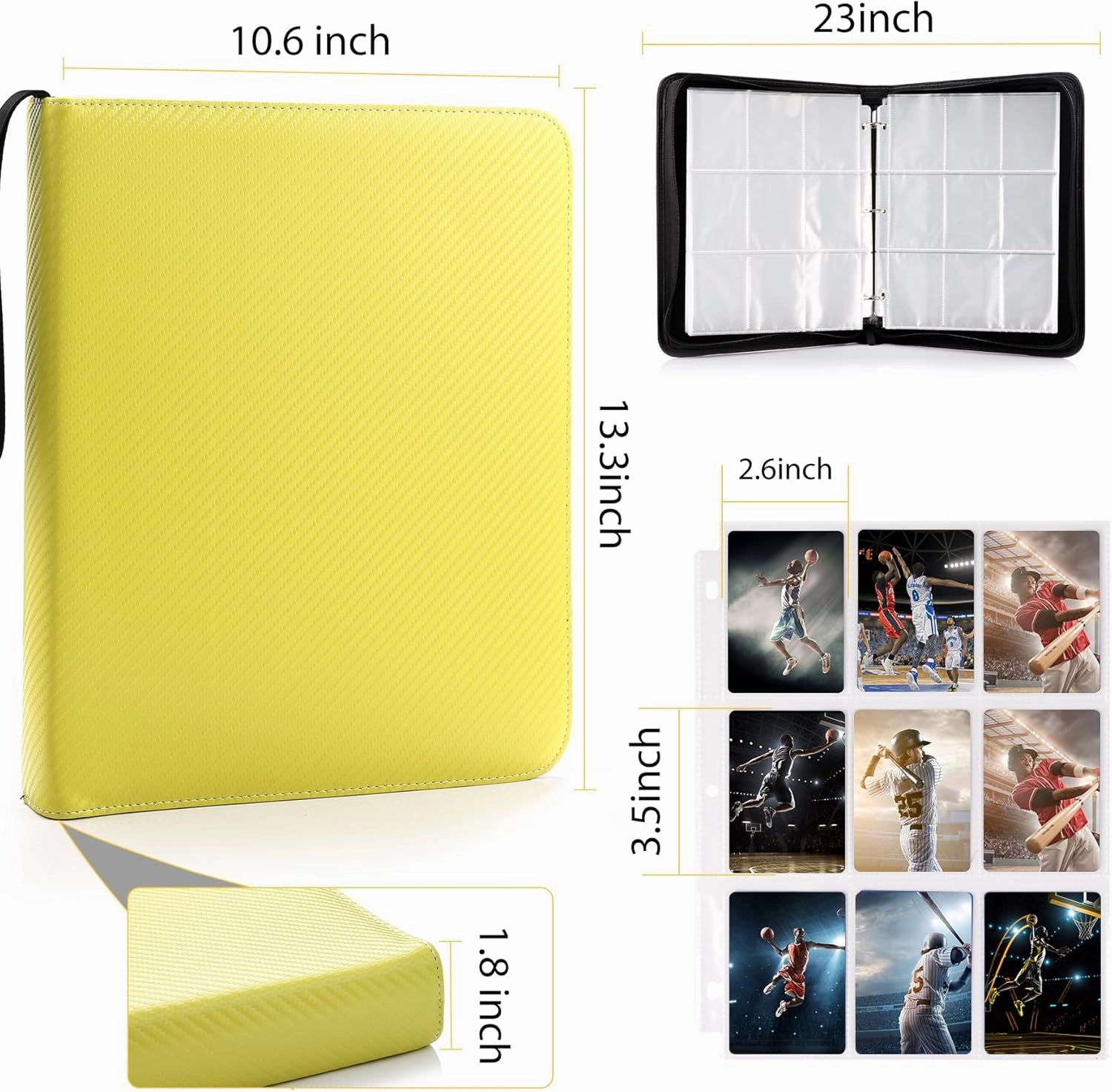WOT I Trading Card Binder, 900 Pockets Baseball Card Binder Sleeves with Zipper, Double Sided Pockets Card Holder Carry Card Case for Baseball Card, Football Card(Yellow)