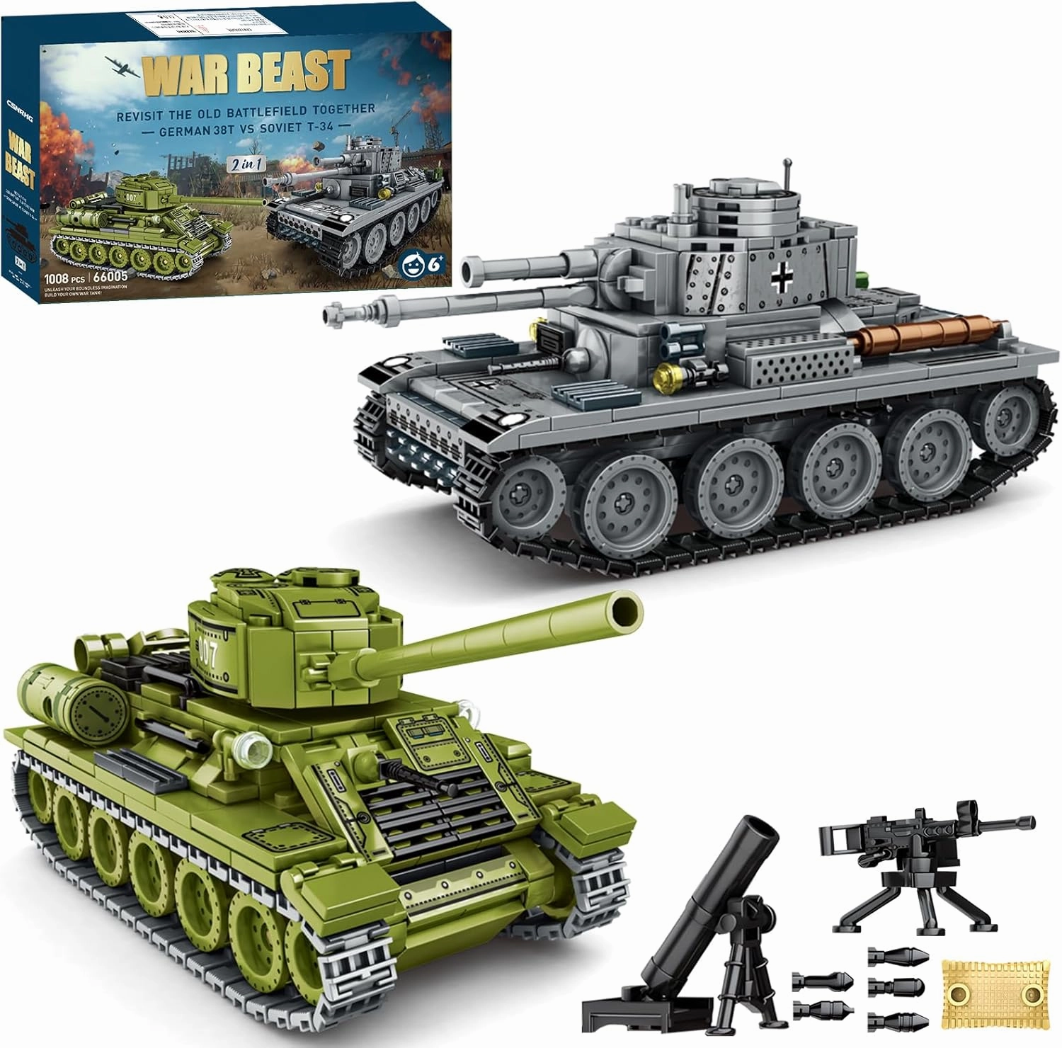 WW2 2 in 1 Army Tank Building Blocks Kit Create a German 38T & a Soviet T-34 Tank Military Toy Sets Birthday for Age 6  Children Teens Adults 1008 Pieces