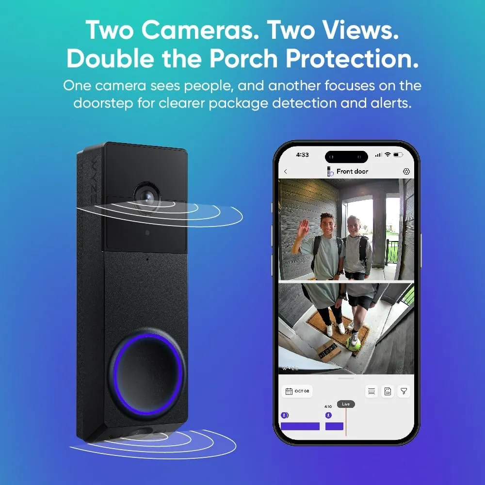 WYZE Wireless Duo Cam Video Doorbell (Chime Included), Battery Powered, 2K Full HD Video, 2 Cameras (People and Package), 2-Way Audio, Color Night Vision