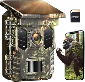 XTU WiFi Trail Camera Solar, 32MP 2.7K Game Camera with Night Vision Motion Activated 0.2s Trigger, Wildlife Cam with 850nm Low Glow Infrared LEDs Outdoor, IP66 Waterproof