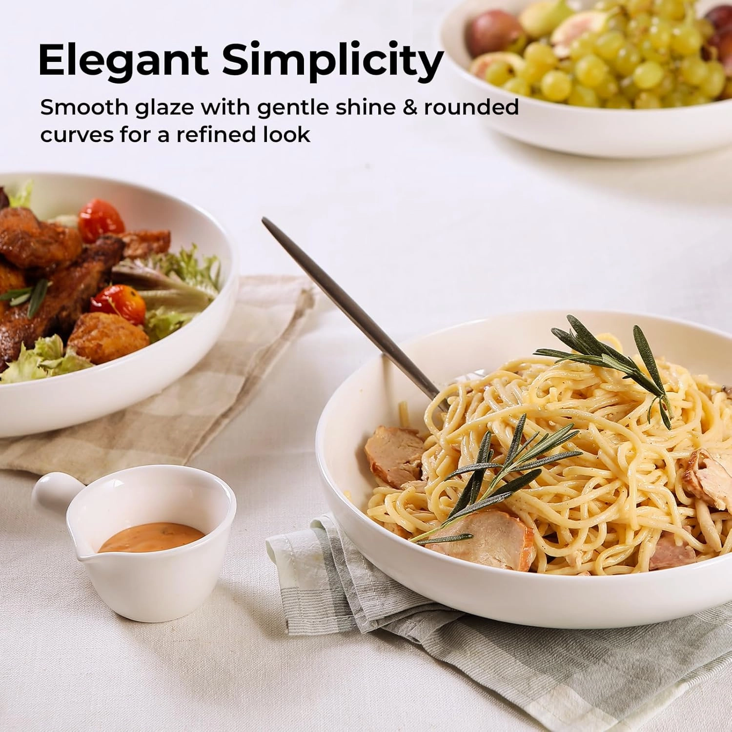 Y YHY 9.75" Large Pasta Bowls, 50 Ounces Big Salad Bowls, Ceramic Serving Bowl Set of 4, Wide and Shallow Bowls Set, Microwave and Dishwasher Safe, White