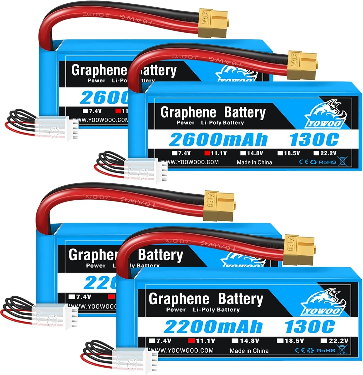 Yowoo 3S LiPo Battery 2200mAh 11.1V 130C XT60 Plug   3S Lipo Battery 2600mAh 11.1v 130C XT60 Plug Soft Case Graphene Battery for DJI Airplane RC Quadcopter Helicopter Drone FPV (4 Pack)