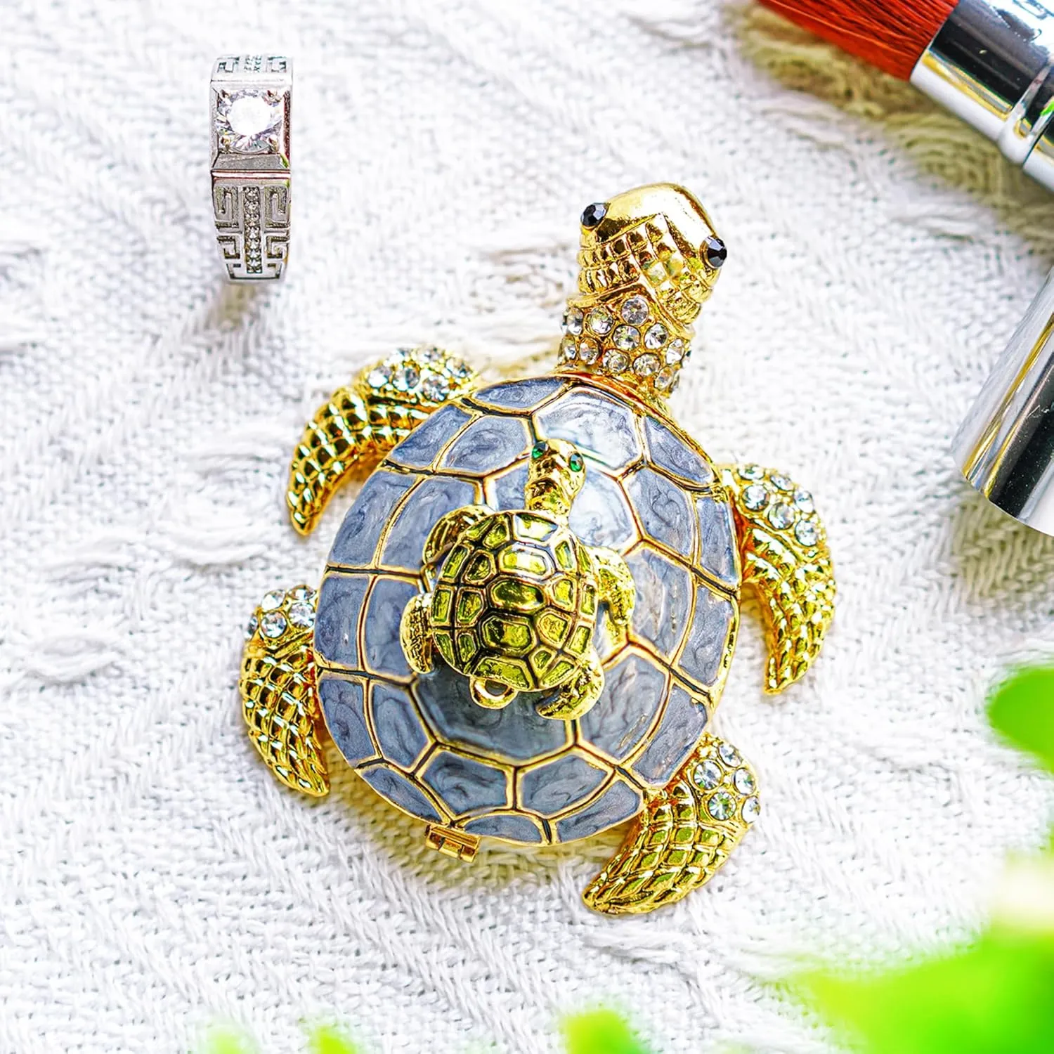 YU FENG Sea Turtle Figurines Collectibles Bejeweled Jewelry Trinket Boxes Hinged Hand Painted Enamel Turtle Box Ring Holder for Women Girls